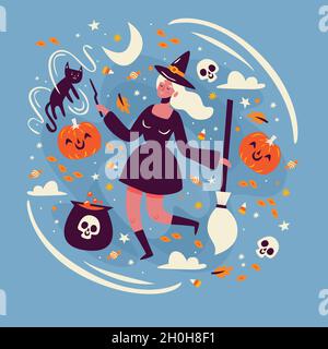 Halloween set with isolated cartoon style images of mysterious characters and holiday accessories on blank background vector illustration Stock Vector