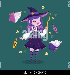 cute halloween witch with flying objects vector design illustration Stock Vector