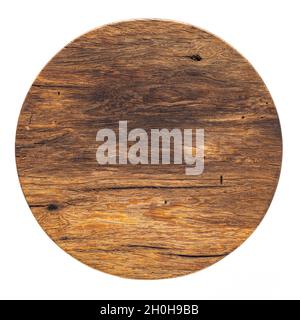 Wooden plate isolated on white background. Round handmade wooden pallets, round wooden cutting boards. Stock Photo