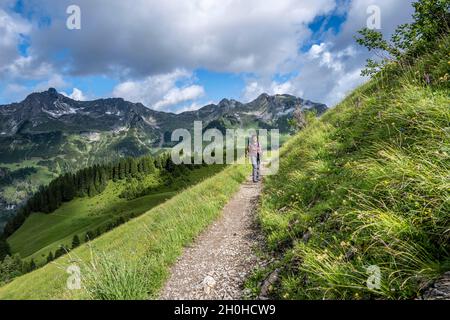 Hiker on a hiking trail, mountains behind, Heilbronner Weg, Allgaeu Alps, Oberstdorf, Bavaria, Germany Stock Photo