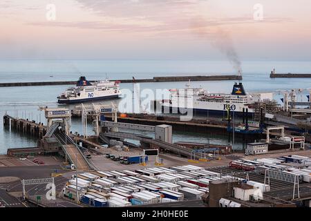 P&amp;O ferries and trucks in the ferry terminal, evening sky, Dover, Kent, England, United Kingdom Stock Photo