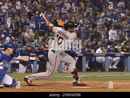 Los Angeles, United States. 12th Oct, 2021. San Francisco Giants third baseman Evan Longoria strikes out swinging with two men on base in the 2nd inning in game four of the MLB NLDS against the Los Angeles Dodgers at Dodger Stadium in Los Angeles, California on Tuesday, October 12, 2021. Photo by Jim Ruymen/UPI Credit: UPI/Alamy Live News Stock Photo