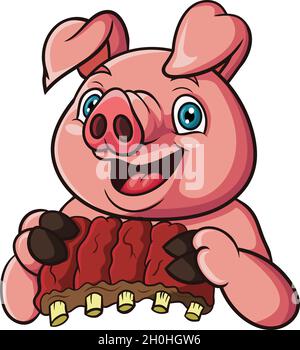 Cartoon pig holding meat ribs Stock Vector