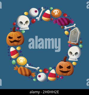halloween frame hand drawn template with skulls with pumpkin vector design illustration Stock Vector
