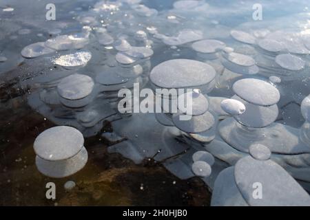 Methane Gas Bubbles Trapped under frozen water in Abraham Lake Nordegg Alberta Canada Stock Photo