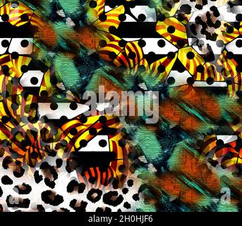 Print,Textile Fabric Print Pattern, Cushion Designs, Dress Pattern Design, Leopard, Camouflage, Zebra, Baroque and Combination Patterns. Stock Photo