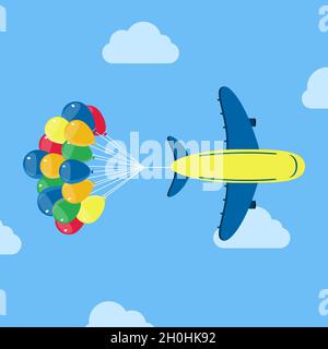 Plane flying with a group of helium balloons in the back. Conceptual vector illustration. Stock Vector