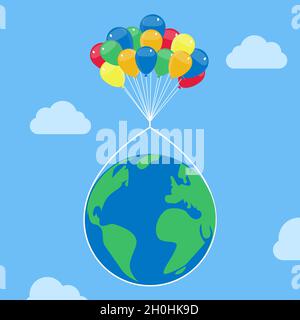 Planet Earth flying with colorful balloons in the sky. Conceptual vector illustration with metaphor and fantasy. Stock Vector