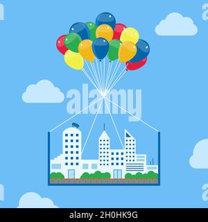 Scene of a city made up of buildings being taken to the skies by helium balloons. Conceptual vector illustration. Dream and fantasy context. Stock Vector