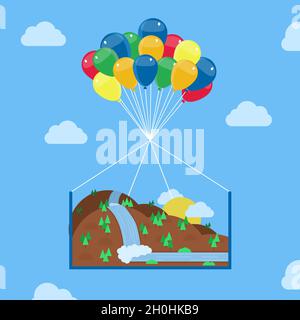 Landscape composed of mountains, hills, trees and a waterfall being taken to the skies by helium balloons. Conceptual vector illustration. Dream and f Stock Vector