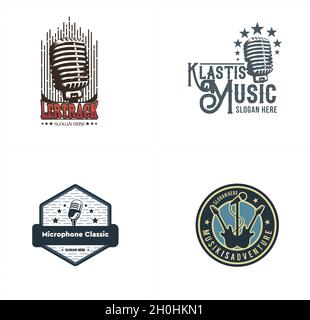 Set of vintage music entertainment microphone guitar logo design Stock Vector