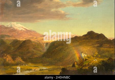 South American landscape oil painting 1854 by American artist Frederic Edwin Church. Chimborazo Volcano in Ecuador rises at left out of a range which includes another high mountain, possibly Cotopaxi. Stock Photo
