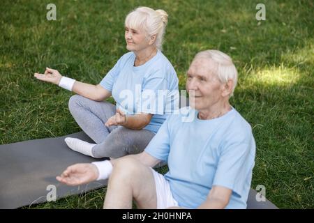Cheerful senior woman and man meditates sitting in lotus poses on lawn grass Stock Photo