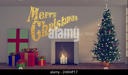 Merry Christmas in gold glitter with a Christmas tree and gift boxes in a room, 3d rendering Stock Photo