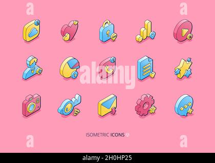 Isometric icons for social media. Network, internet marketing and communication concept. Vector set of phone, email, star, heart, user and message symbols for smm, blog or website Stock Vector