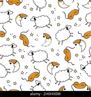 Sleep, bed time seamless pattern. Zzz, dream time kids background. Hand drawn sketch doodle style. Sheep, sleep mask, moon element. Vector illustration. Stock Vector
