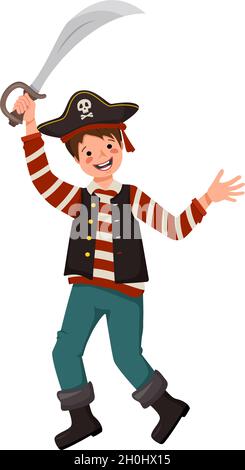 Happy pirate boy with saber and cocked hat. Joyful kid in carnival costume waving sword. Festive clothing for Halloween, holiday and children design Stock Vector