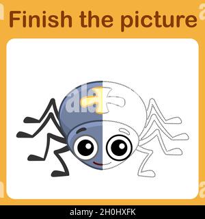 Connect the dot and complete the picture. Simple coloring funny insect spider. Drawing game for children. Stock Vector