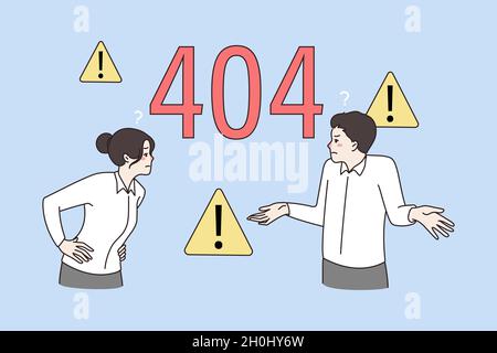 Frustrated people get error 404 page not found on screen. Web maintenance device or gadget internet mistake. Operational malfunction. Webpage breakdown, malware. Vector illustration.  Stock Vector