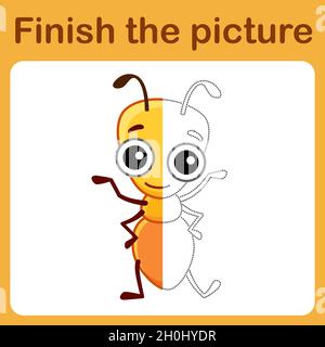 Connect the dot and complete the picture. Simple coloring funny insect ant. Drawing game for children. Stock Vector