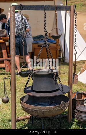 Eungella, Queensland, Australia - October 2021: Cooking equipment replicas used by medieval vikings displayed by a re-enactment troupe at a village fa Stock Photo