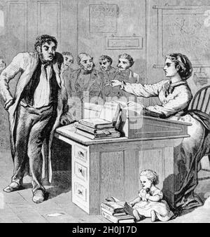 'In her office as a justice of the peace in the US state of Missouri, a woman condemns her husband, who has abandoned her, as a ''drunkard''. Sitting next to her is the couple's child. In 1872, women in the US were given the right to vote on municipal and county matters. They could also be delegated to serve as jurors or judges. [automated translation]' Stock Photo