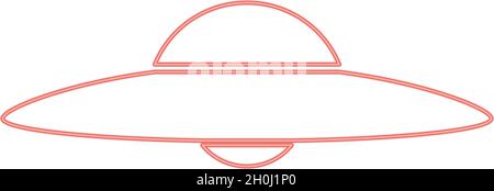 Neon ufo. flying saucer red color vector illustration flat style light image Stock Vector