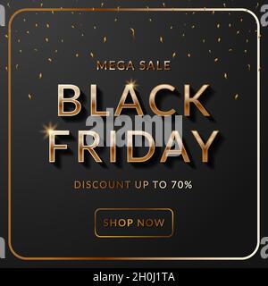 black friday banner sale with golden text in black background with gold bow ribbon Stock Vector