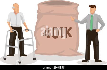 Senior elderly man stand with bag of dollar for his retirement. Retirement mutual fund, 401k or Roth IRA savings. Retire and financial freedom concept Stock Vector