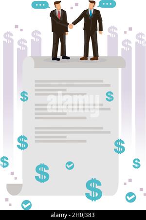 Business people standing on a signed contract. Concept business contract agreement. Flat cartoon character vector illustration isolated on white backg Stock Vector