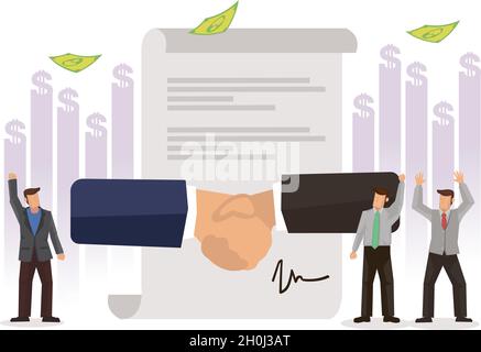 Team celebrating agreement and shake hands. Business concept of cooperation. Flat vector illustration. Stock Vector