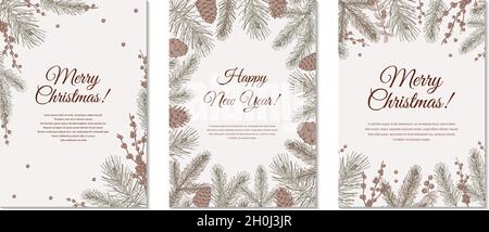 Set of vertical hand drawn Merry Christmas and Happy New Year greeting cards with Christmas tree branches, cones and holly berries. Vintage vector ill Stock Vector