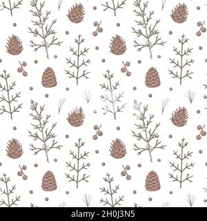 Christmas floral seamless patter with conifer cones and juniper branches. Hand drawn vector illustration Stock Vector