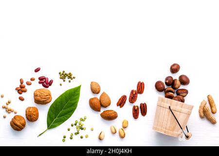 Selection food sources of omega 3 and unsaturated fats. Super food high omega 3  for healthy food. Walnuts  almonds ,pecan ,pea nuts, pistachio, pinto Stock Photo