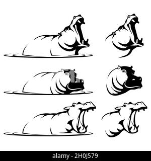 hippopotamus, hippo logo, dangerous animals, various emblem for your logo, set of hippopotamus in the water with an open mouth, hippo head, flat desig Stock Vector