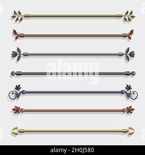 cornices for curtains, interior design, fashion, various types of design solutions for cornice, set of different elements of the cornice, flat design, Stock Vector