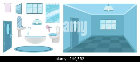 bathroom interior modern, 3d, bathroom design, interior of the room in blue, elements for creating a bathroom, shower room, flat design, vector graphi Stock Vector