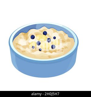 Oatmeal porridge with banana and blueberry in bowl, plate in cartoon style isolated on white background. Muesli, healthy breakfast. . Vector illustration Stock Vector