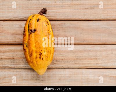 Ripe Indonesia's cocoa  setup on rustic wooden background. Stock Photo