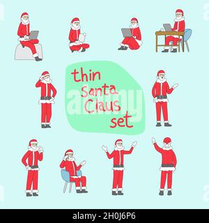 set of thin Santa Claus with various action with laptop computer and gestures illustration vector isolated on blue background Stock Vector