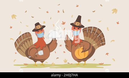 Thanksgiving Turkey wearing face mask while cooking. Cute Turkey character for children's book. Fall background with leaves falling and earth tone col Stock Vector