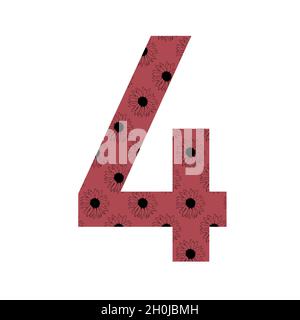 number 4 of the alphabet made with a pattern of sunflowers with a dark pink background, isolated on a white background Stock Photo