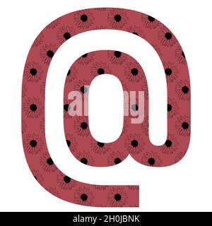 at sign, mail sign of the alphabet made with a pattern of sunflowers with a dark pink background, isolated on a white background Stock Photo