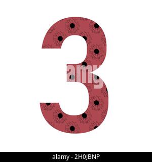 number 3 of the alphabet made with a pattern of sunflowers with a dark pink background, isolated on a white background Stock Photo