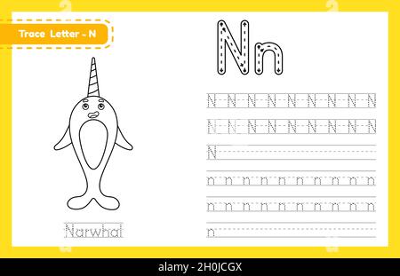 Trace letter N uppercase and lowercase. Alphabet tracing practice preschool worksheet for kids learning English with cute cartoon animal. Coloring boo Stock Vector