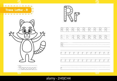 Trace letter R uppercase and lowercase. Alphabet tracing practice preschool worksheet for kids learning English with cute cartoon animal. Coloring boo Stock Vector