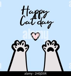 Cat paws with a heart cute illustration with lettering text happy cat day 8th of August isolated on blue background Stock Vector