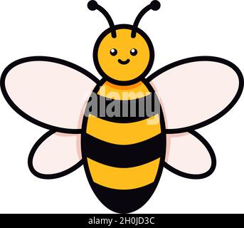 Cute bee vector illustration in doodle style. Colorful kids drawing for icon and logo design in yellow and black colors isolated on white background Stock Vector
