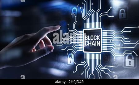 Blockchain technology concept on virtual screen. Cryptography and cryptocurrency. Stock Photo