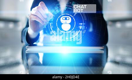 Chatbot computer program designed for conversation with human users over the Internet. Support and customer service automation technology concept. Stock Photo